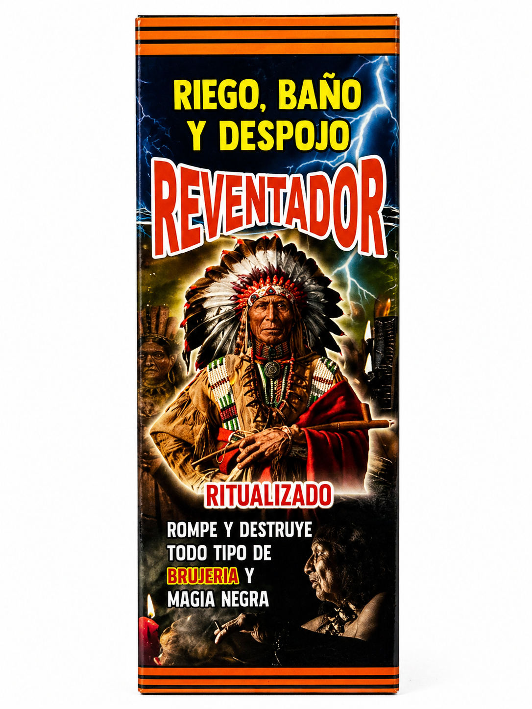 Product packaging with a Native American figure and text in Spanish on a dark background