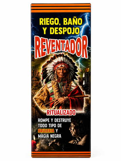 Product packaging with a Native American figure and text in Spanish on a dark background