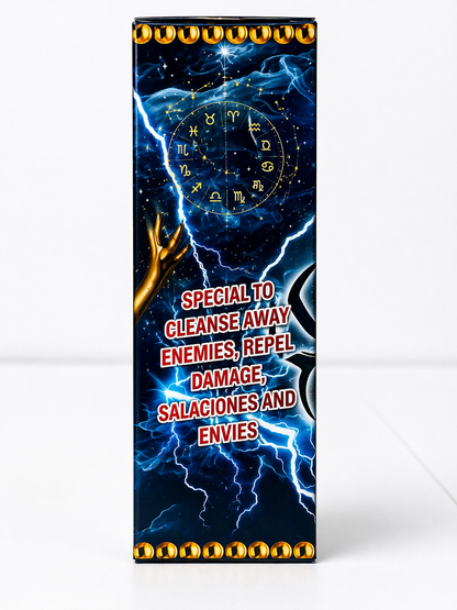 Product packaging with astrological symbols and text on a dark background