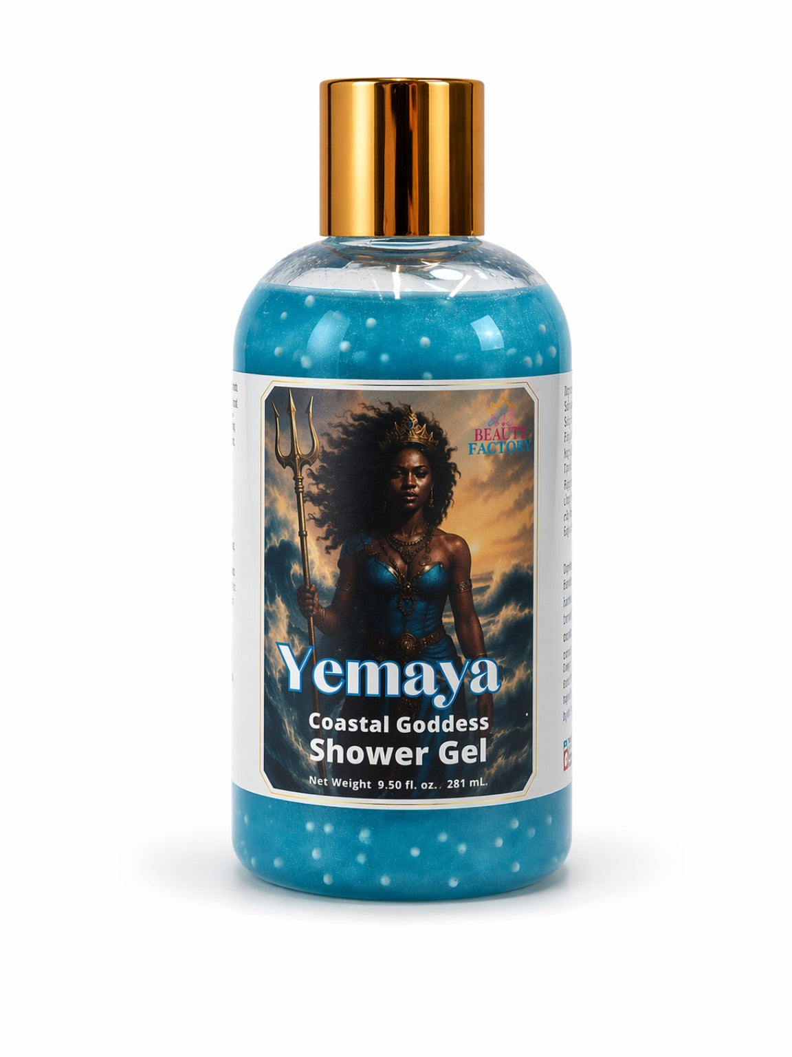 Yemaya Coastal Goddess Shower Gel bottle with a gold cap on a white background