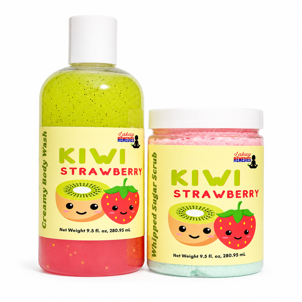 A bottle of Kiwi Strawberry Creamy Body Wash and a jar of Kiwi Strawberry Whipped Sugar Scrub from Lakay Remedies, displayed side-by-side on a white background.