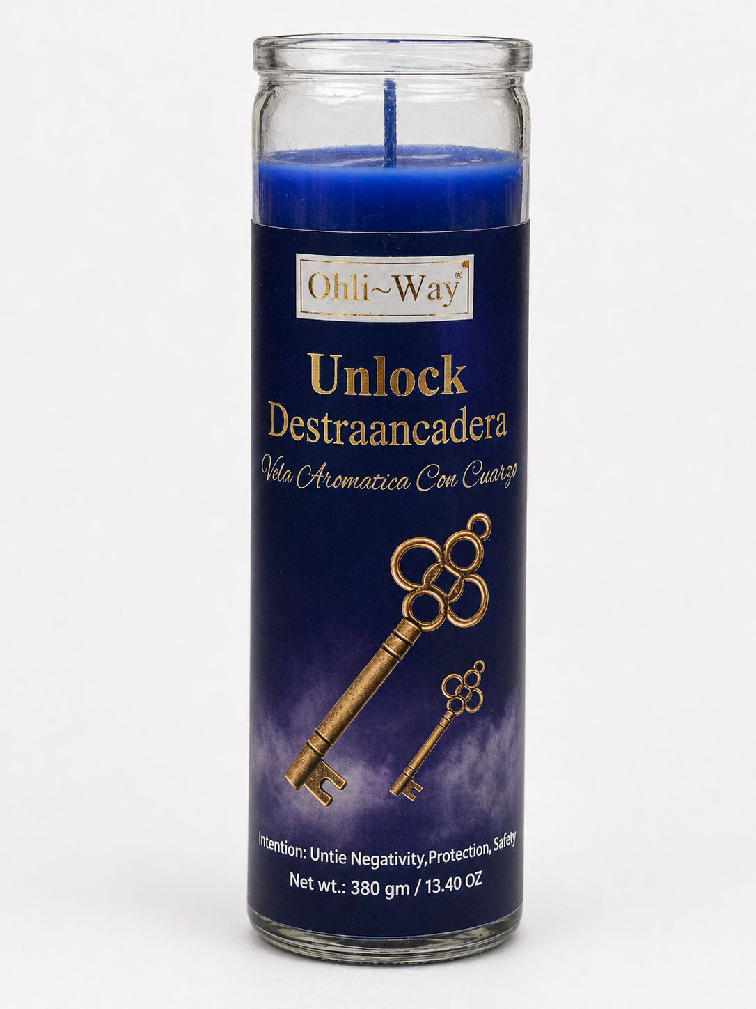 Blue candle in a glass jar with 'Ohli Way' branding and text on a white background