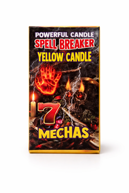 Box of Spell Breaker Yellow Candle with fiery design and text on a white background