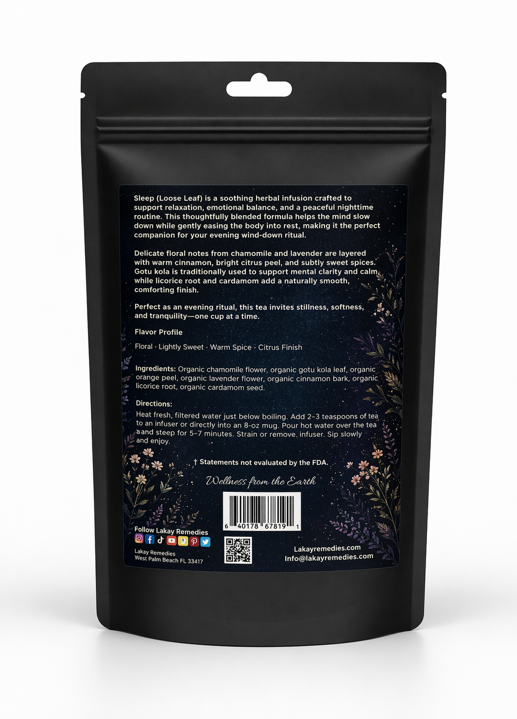 Black packaging with text and QR code on a white background
