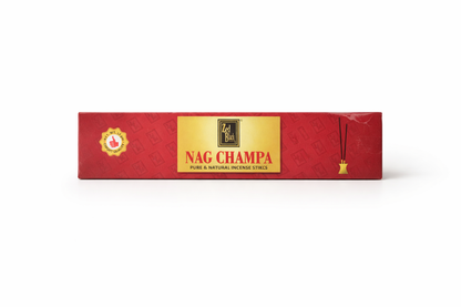 Red and gold box of Nag Champa incense sticks on a white background