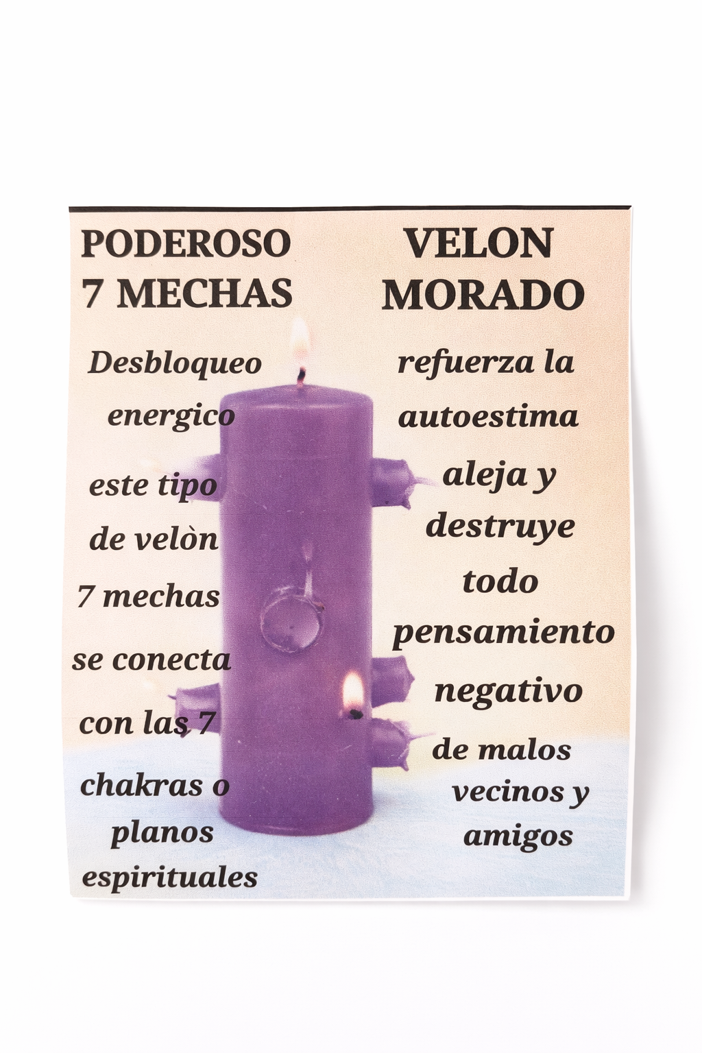 Purple candle with text in Spanish about its properties and uses on a white background