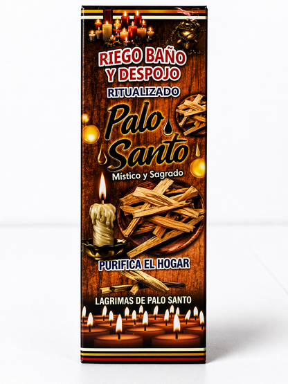 Palo Santo packaging with images of candles and incense on a wooden background