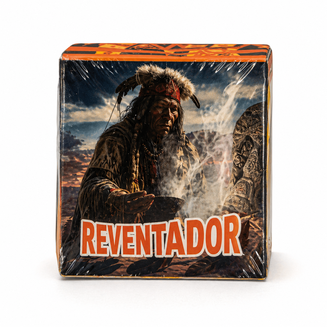 Product packaging with a person in traditional attire and 'Reventador' branding.