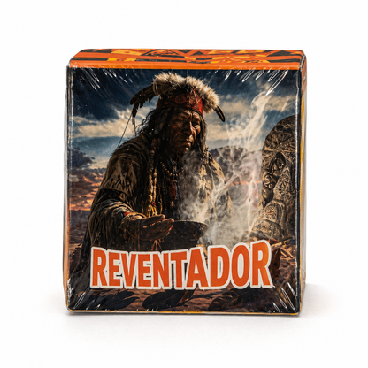 Product packaging with a person in traditional attire and 'Reventador' branding.