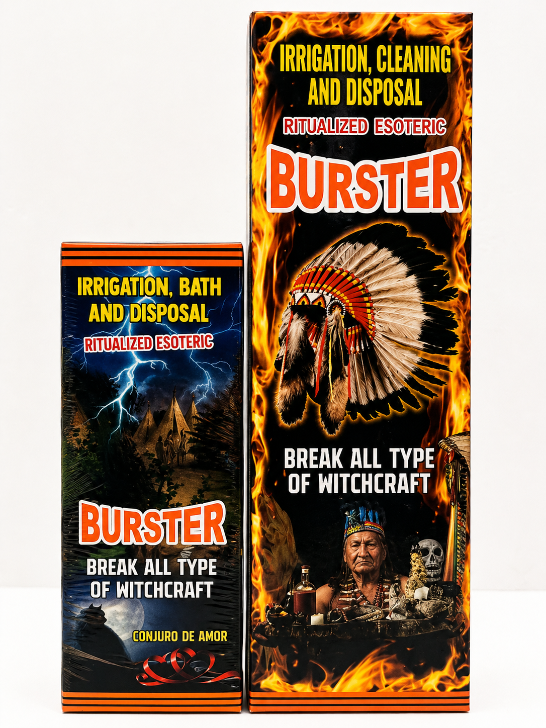 Two packaging designs for a product called 'Burster' with esoteric and ritualistic themes.