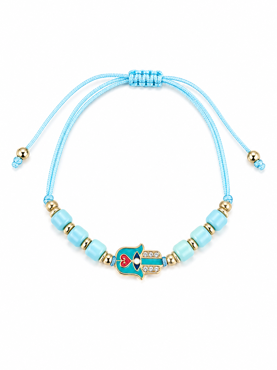 Light blue beaded bracelet with a heart-shaped on Hamsa Hand on a white background