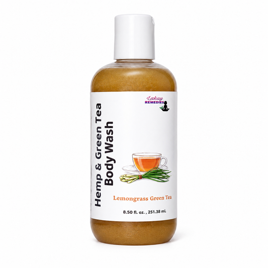 A bottle of Lemongrass Green Tea Hemp & Green Tea Body Wash  featuring a white cap and a white label with black text and a green tea illustration, set against a plain white background.
