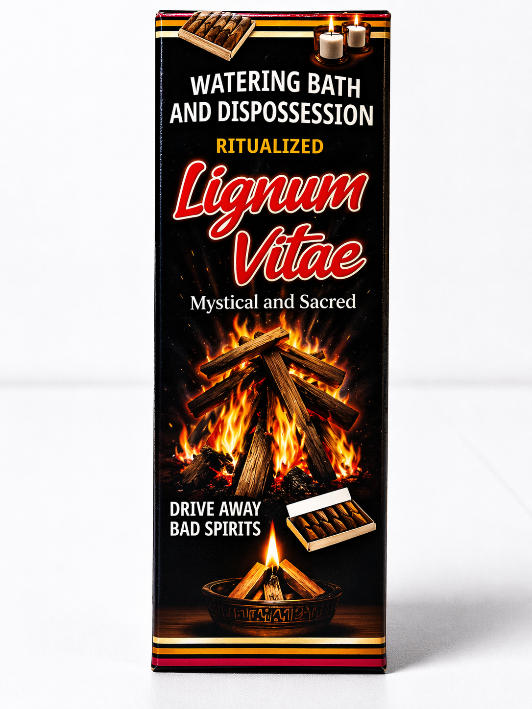 Product packaging with fire design and text on a white background
