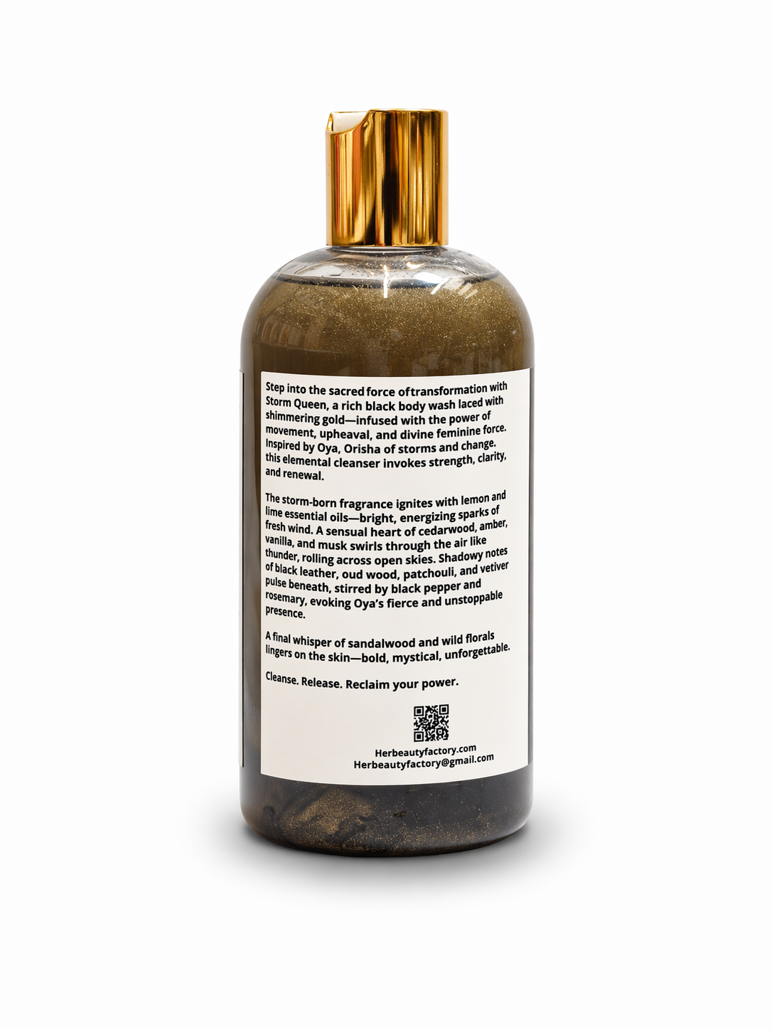 Bottle with gold cap and label on a white background