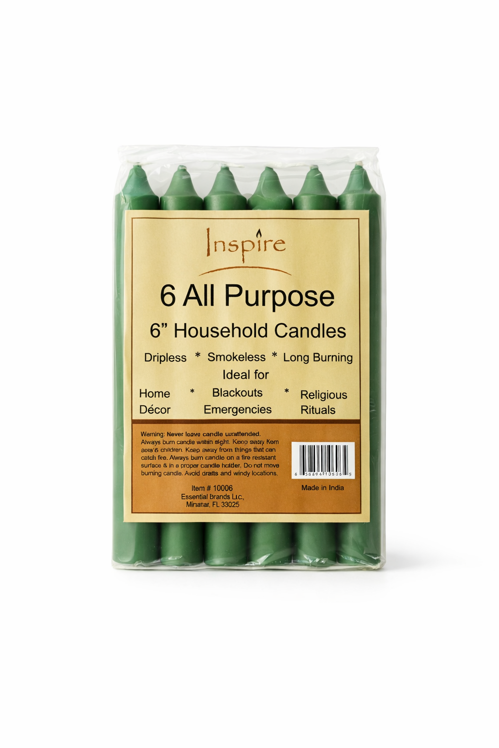 Pack of 6 green all-purpose household candles with a 'Inspire' label on a white background