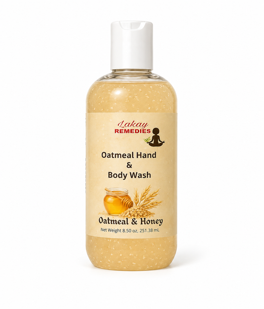 A bottle of Lakay Remedies Oatmeal Hand & Body Wash with a white cap and a beige label featuring an oat and honey graphic, set against a plain white background.