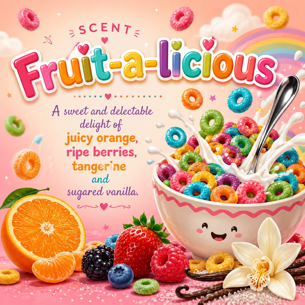 A colorful illustrated cereal bowl labeled Fruit-a-licious, surrounded by orange slices, berries, vanilla beans, and floating multicolored ring cereal on a pink background with decorative text.