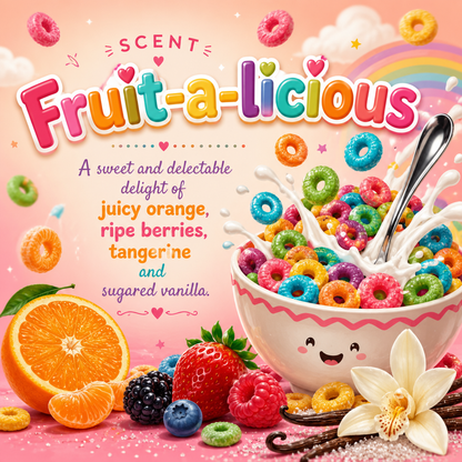 A colorful illustrated cereal bowl labeled Fruit-a-licious, surrounded by orange slices, berries, vanilla beans, and floating multicolored ring cereal on a pink background with decorative text.