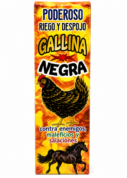 Product packaging with a black chicken and horse on a fiery background, featuring Spanish text.