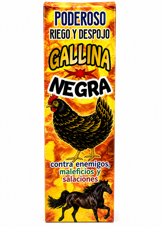 Product packaging with a black chicken and horse on a fiery background, featuring Spanish text.