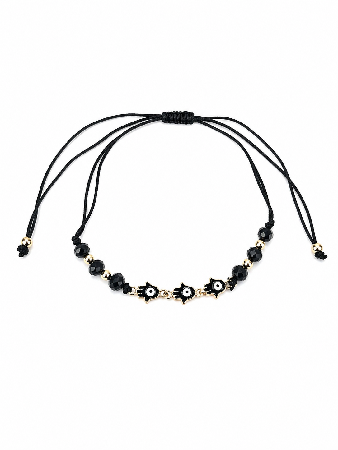 Black cord bracelet with black beads and gold accents on a white background