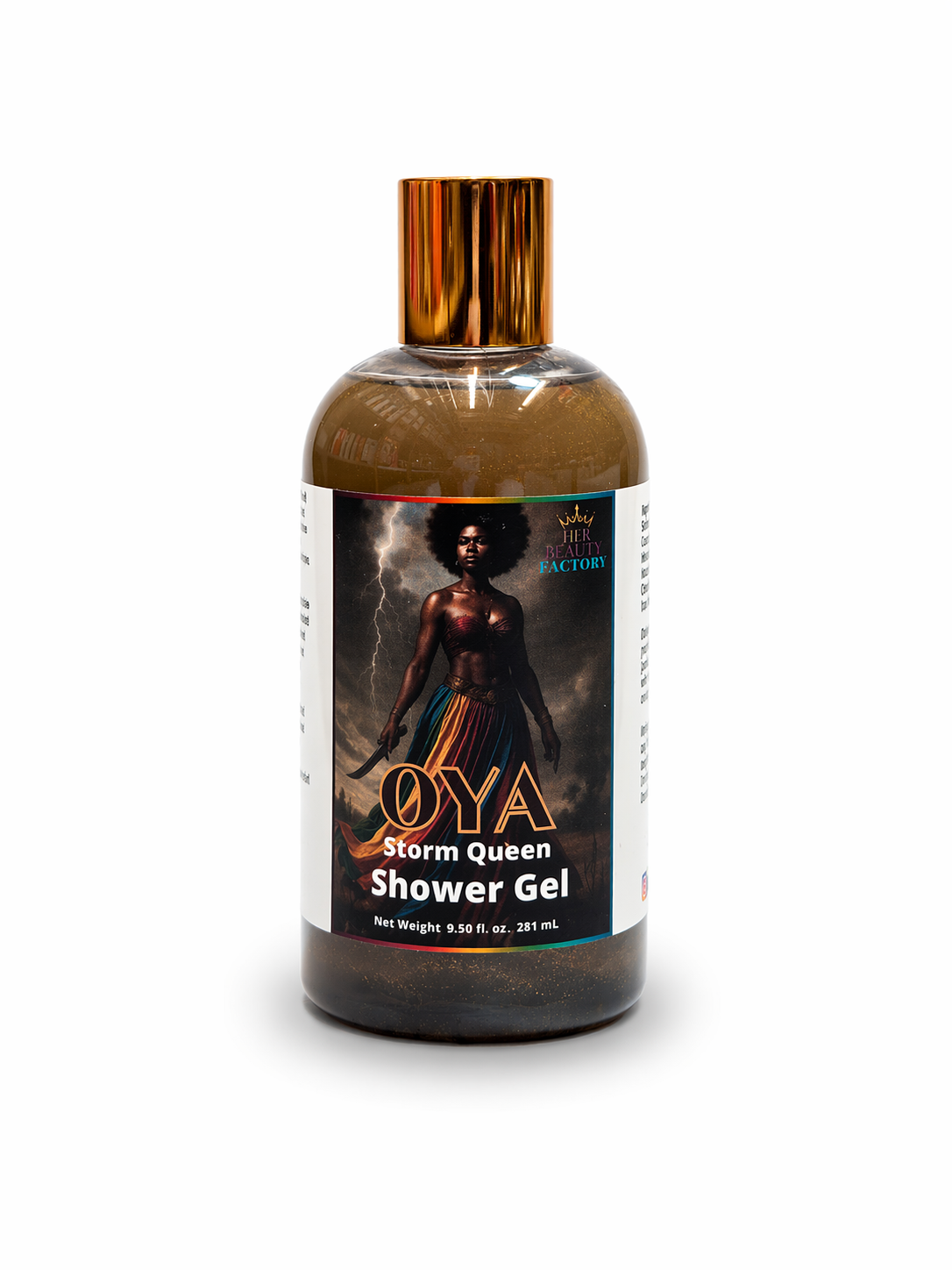 OYA Storm Queen Shower Gel bottle with a label featuring an image of a woman on a white background