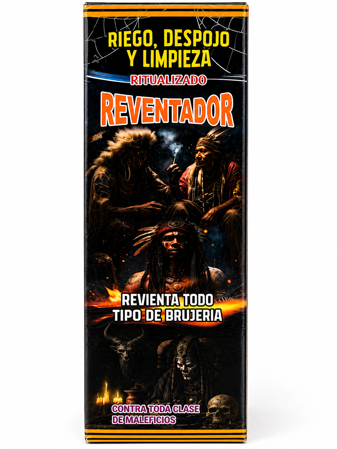 Product packaging with dark theme and text in Spanish, featuring images of people and possibly supernatural elements.