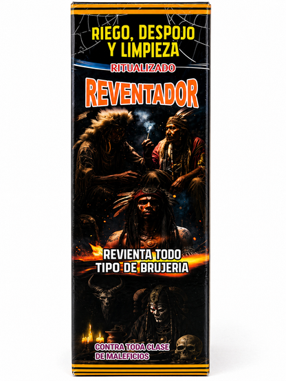 Product packaging with dark theme and text in Spanish, featuring images of people and possibly supernatural elements.