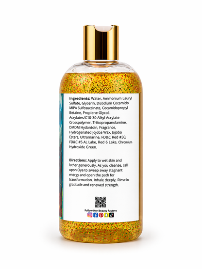 Bottle with gold cap and glittery body on a white background