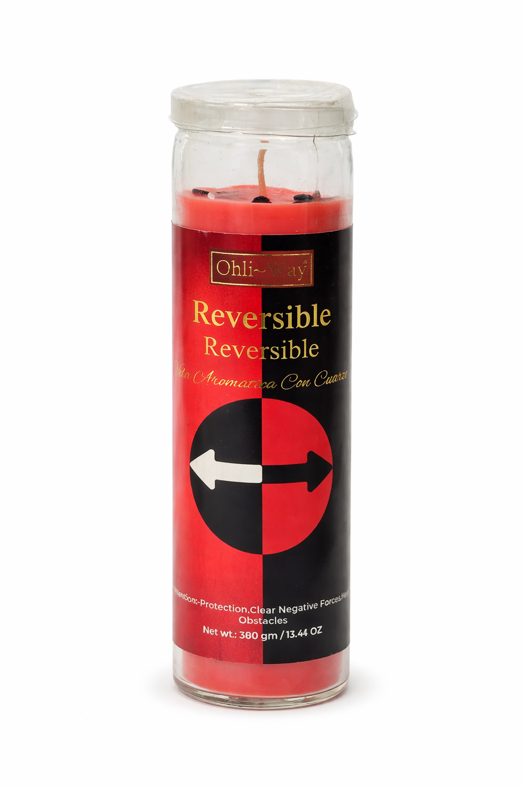 Candle with a red and black label on a white background