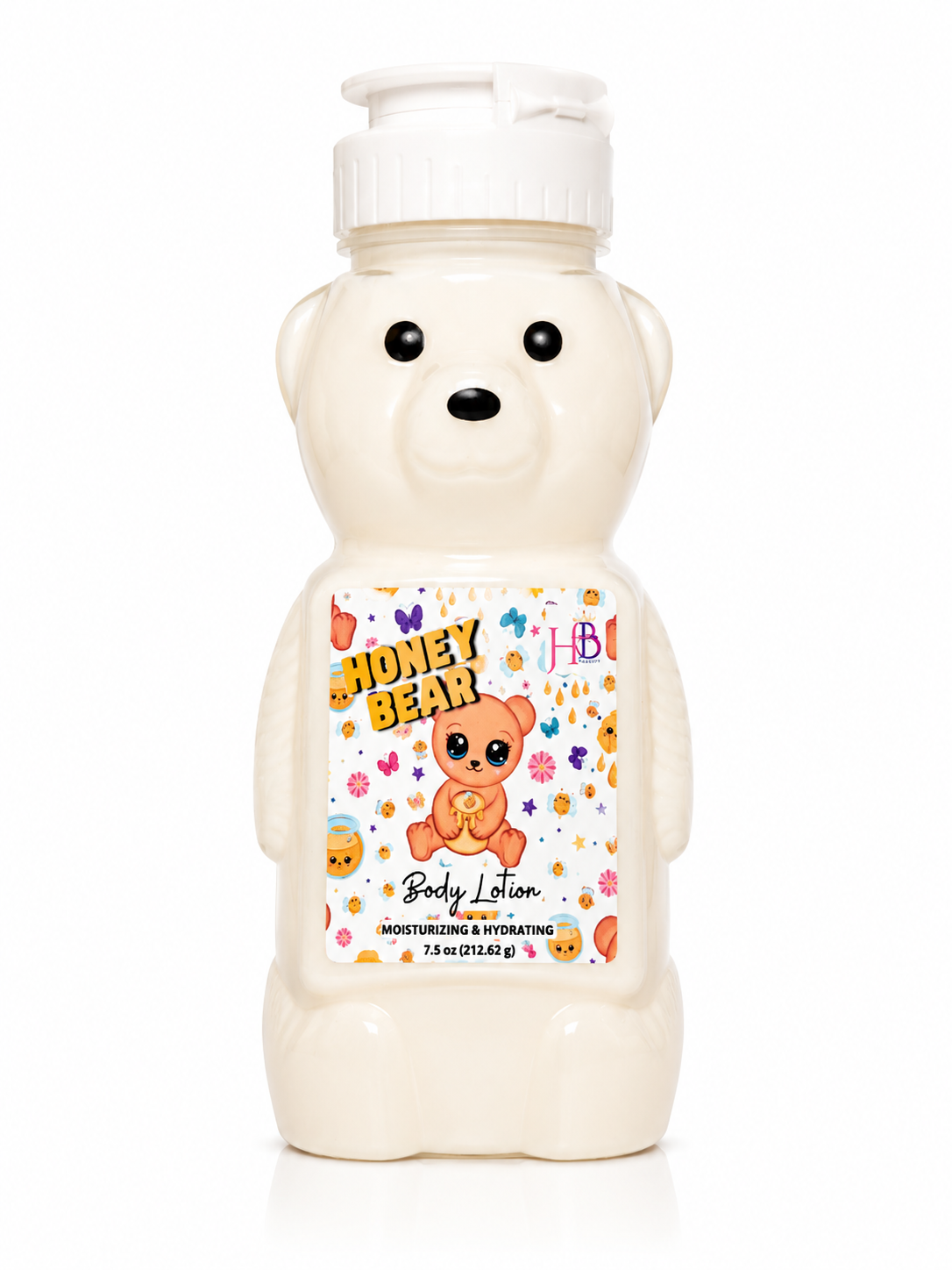 A white bear-shaped bottle of body lotion with a flip-top cap, featuring a colorful front label that reads 'Honey Bear Body Lotion' with a teddy bear illustration and floral accents, on a white background.