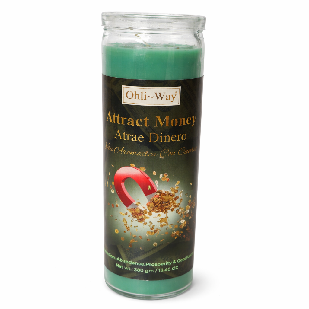 Green candle with a label on a white background