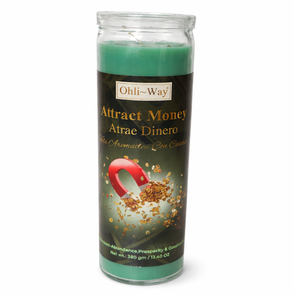 Green candle with a label on a white background