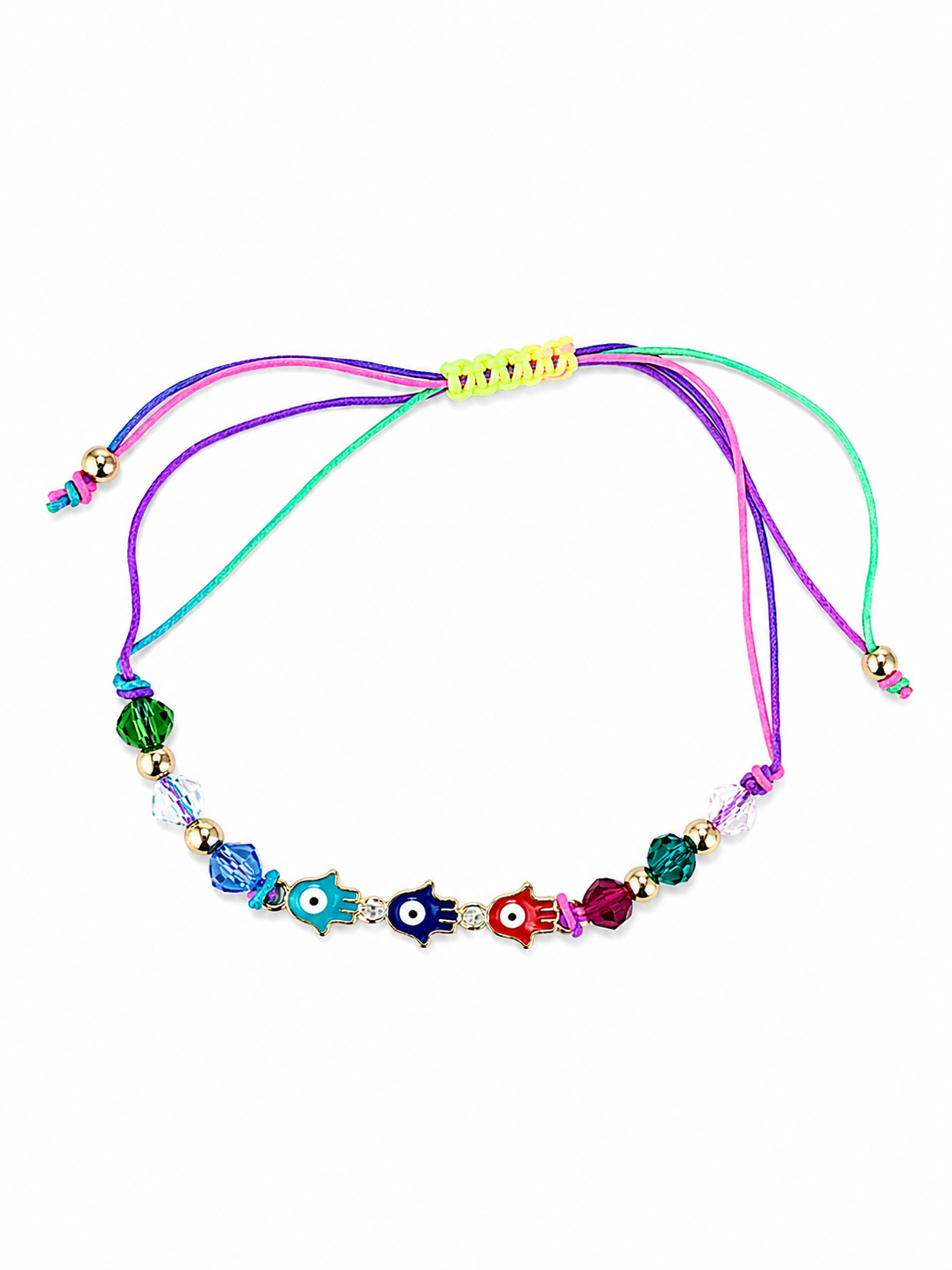 Colorful beaded bracelet with multicolored strings on a white background