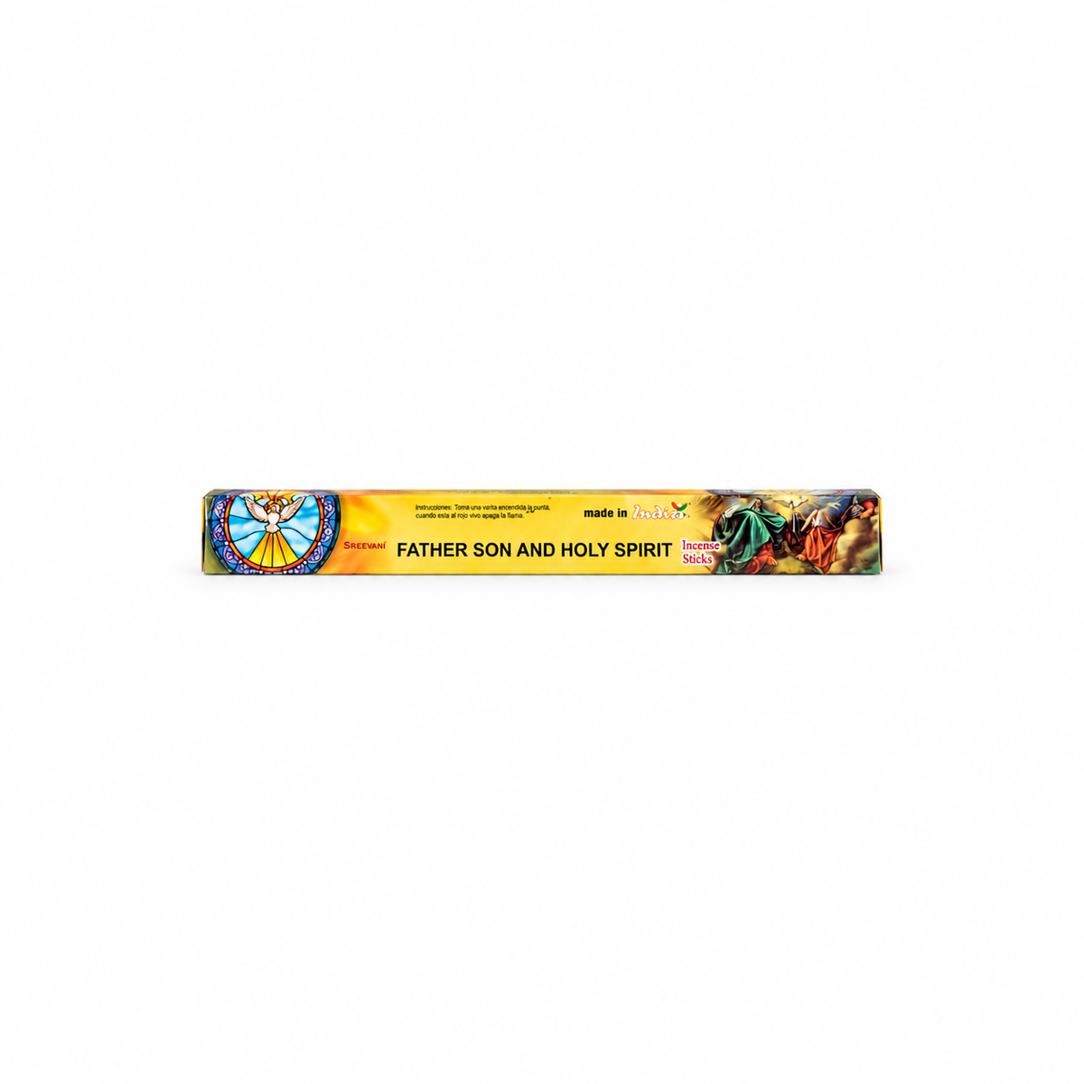 A long, narrow box of Father Son and Holy Spirit incense sticks on a plain white background. The packaging is primarily yellow with colorful religious illustrations on the ends and text reading 'FATHER SON AND HOLY SPIRIT'.