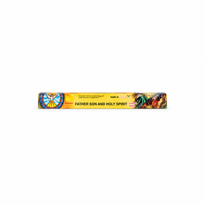 A long, narrow box of Father Son and Holy Spirit incense sticks on a plain white background. The packaging is primarily yellow with colorful religious illustrations on the ends and text reading 'FATHER SON AND HOLY SPIRIT'.