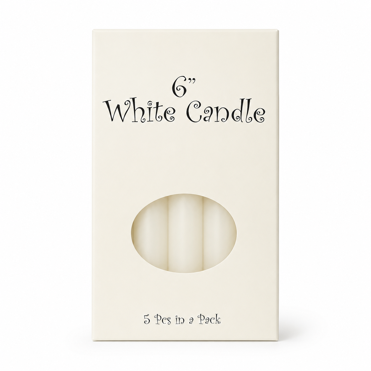 A 6-inch white candle in a cream-colored rectangular box with a circular cutout showing the white wax candles inside. The text '6" White Candle' and '5 Pcs in a Pack' is printed on the front.