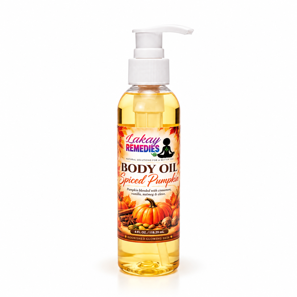 A bottle of Lakay Remedies Body Oil in the Spiced Pumpkin scent, filled with golden-yellow oil and featuring a white pump dispenser, set against a plain white background.