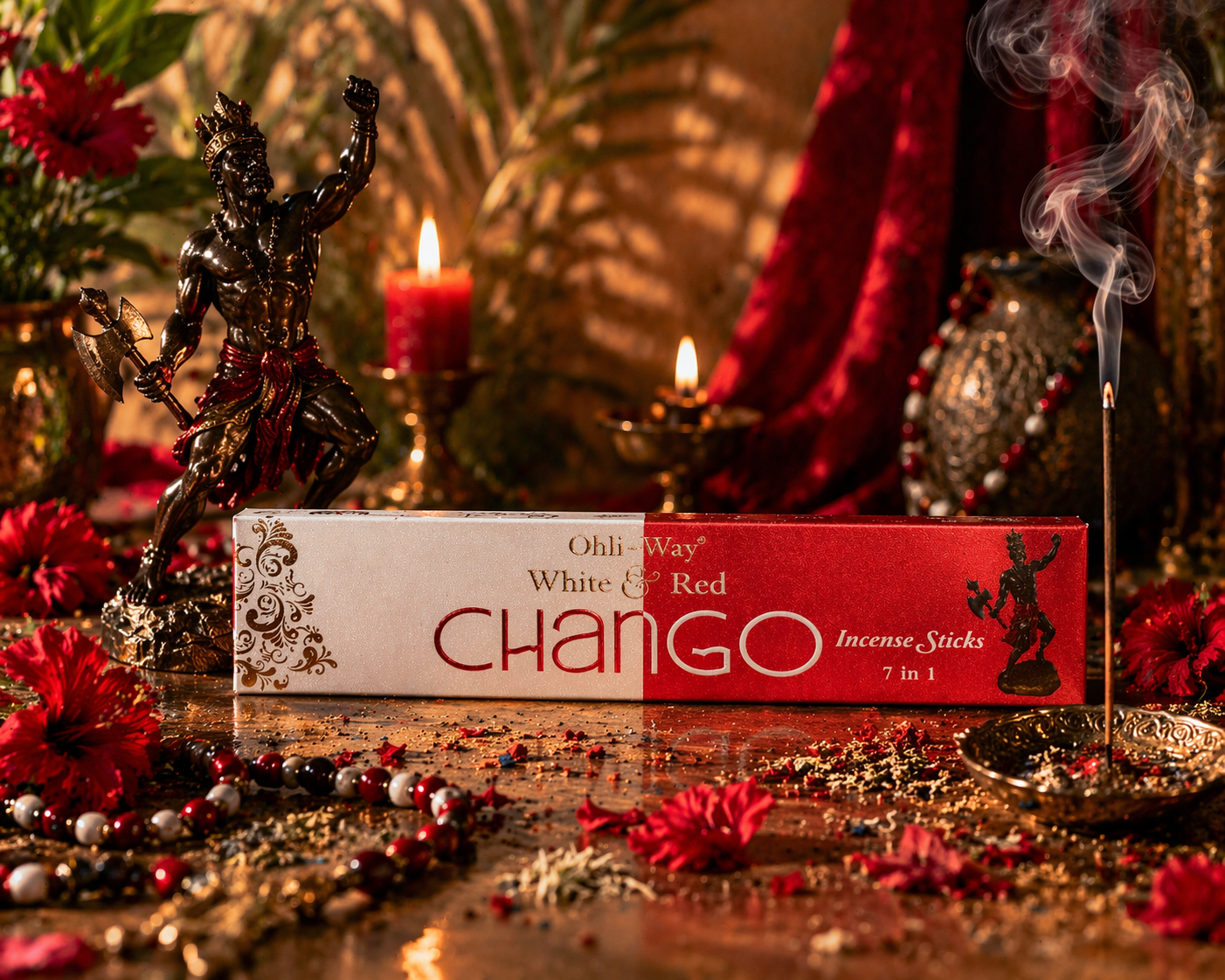 Chango incense sticks packaging with decorative elements and smoke in the background