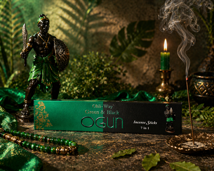 Incense sticks packaging with warrior figurine, candle, and incense stick on a decorative background