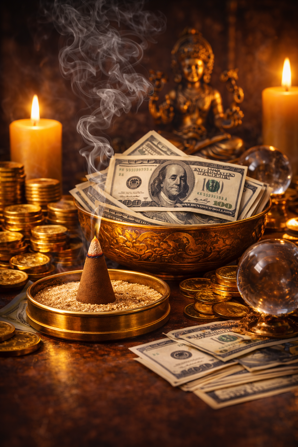 Money in a bowl with candles, coins, and a crystal ball on a dark background