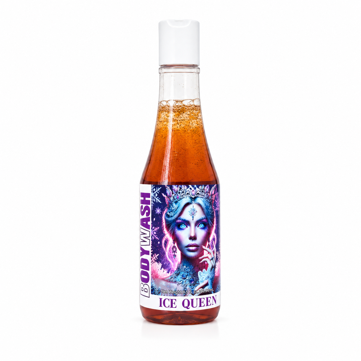 A bottle of 'Ice Queen' body wash with a white cap, showing the amber liquid inside and a colorful label featuring a stylized portrait.