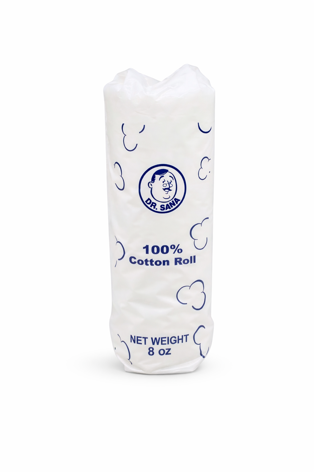 Cotton roll packaging with branding and text on a white background