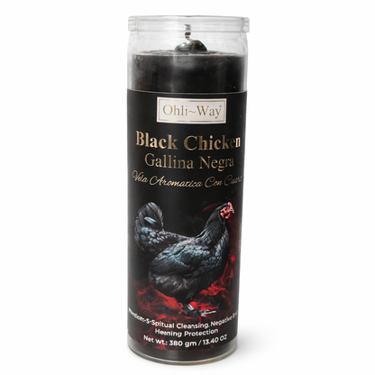 Black chicken candle in a glass container with branding on a white background