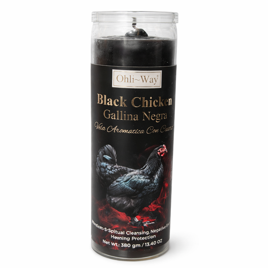 Black chicken candle in a glass container with branding on a white background