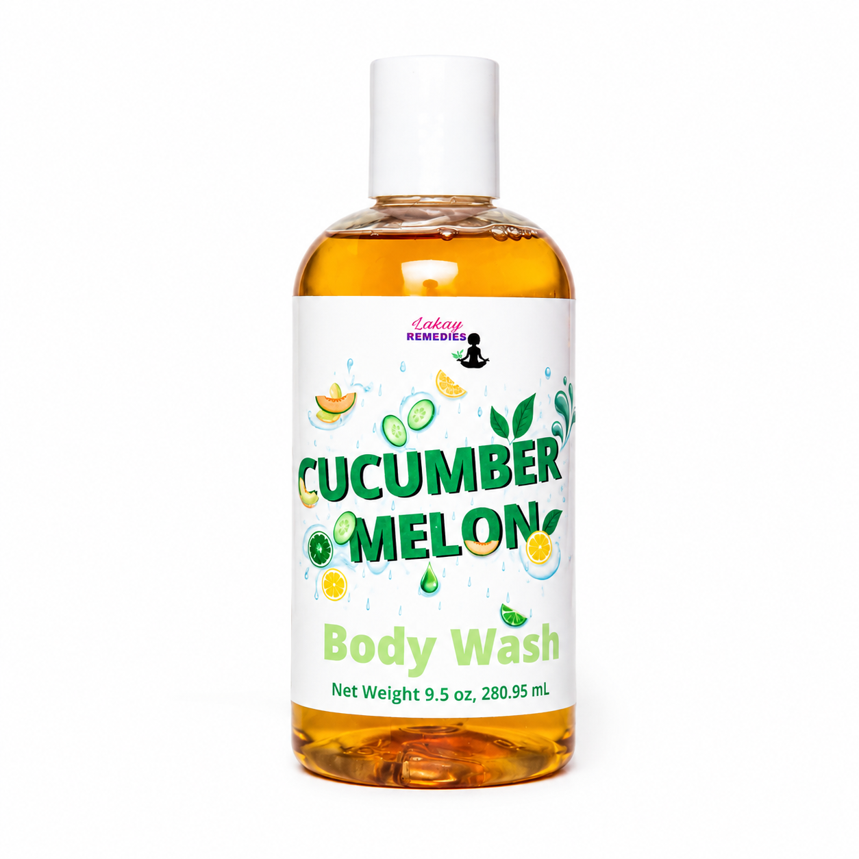 A bottle of Laking Remedies Cucumber Melon Body Wash, featuring amber-colored liquid inside a clear bottle with a white cap and a white label decorated with green and yellow citrus illustrations.