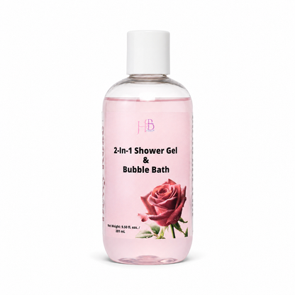 A clear plastic bottle of Dewy Rose 2-in-1 Shower Gel & Bubble Bath with a white cap, filled with light pink liquid and featuring a pink rose graphic on the label.