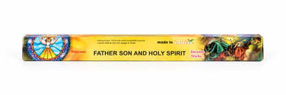 A long rectangular incense stick box labeled 'FATHER SON AND HOLY SPIRIT' with colorful stained-glass and religious artwork on a white background.