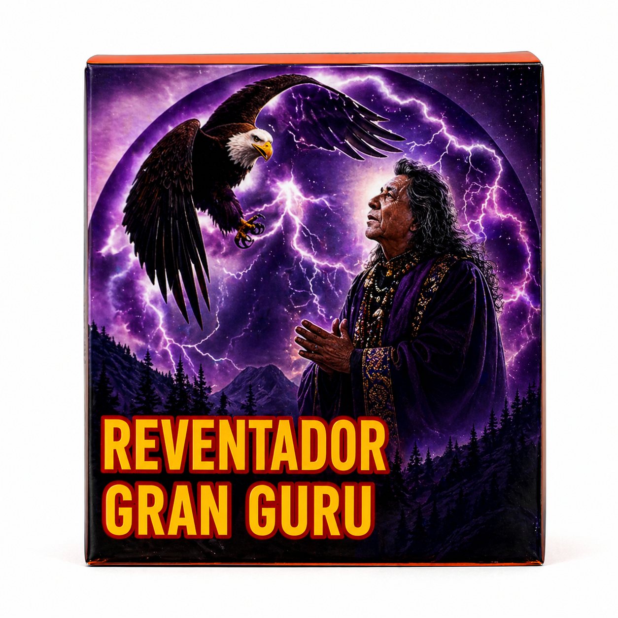 Book cover with an eagle, person, and purple lightning background with 'Reventador Gran Guru' text.