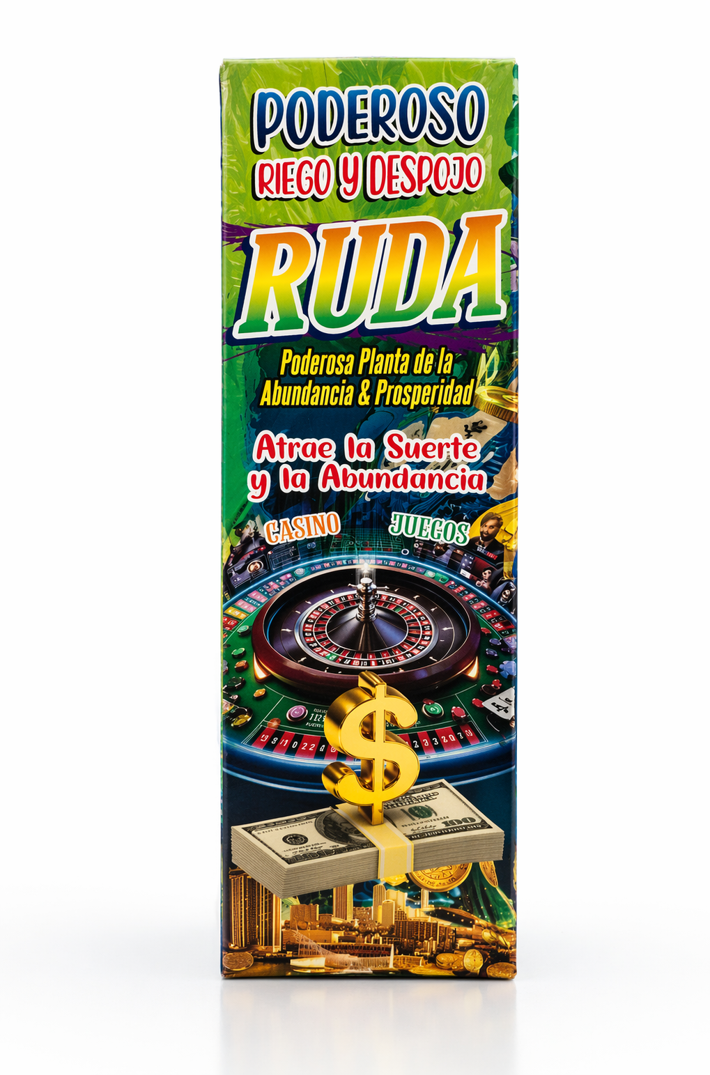 Product packaging with green background and colorful design elements, featuring text and images of a roulette wheel and money.